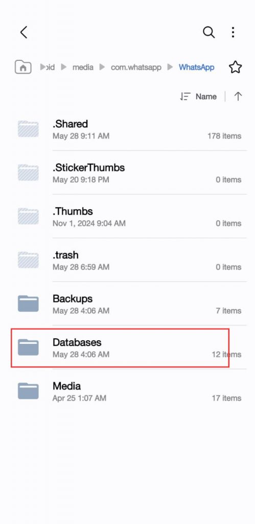 15 - Masuk ke folder - Android - Media - WhatsApp - Databases