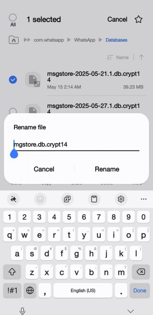 17 - Ganti nama file tersebut jadi msgstore.db.crypt14