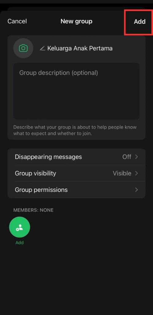 Buat nama grup, deskripsi, pengaturan, serta anggota