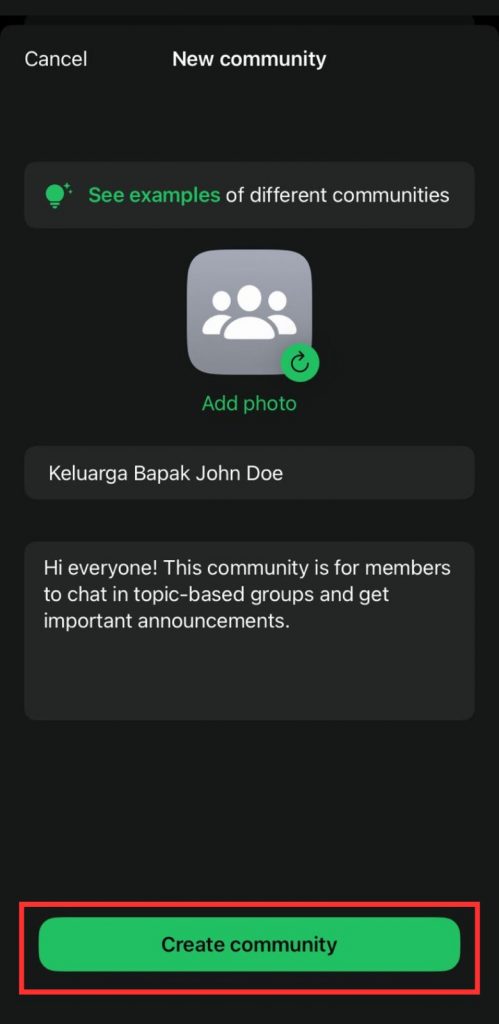 Isikan nama komunitas dan deskripsi sesuai dengan keinginan Anda