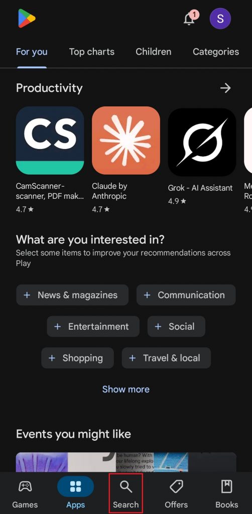 Klik tab search di PlayStore