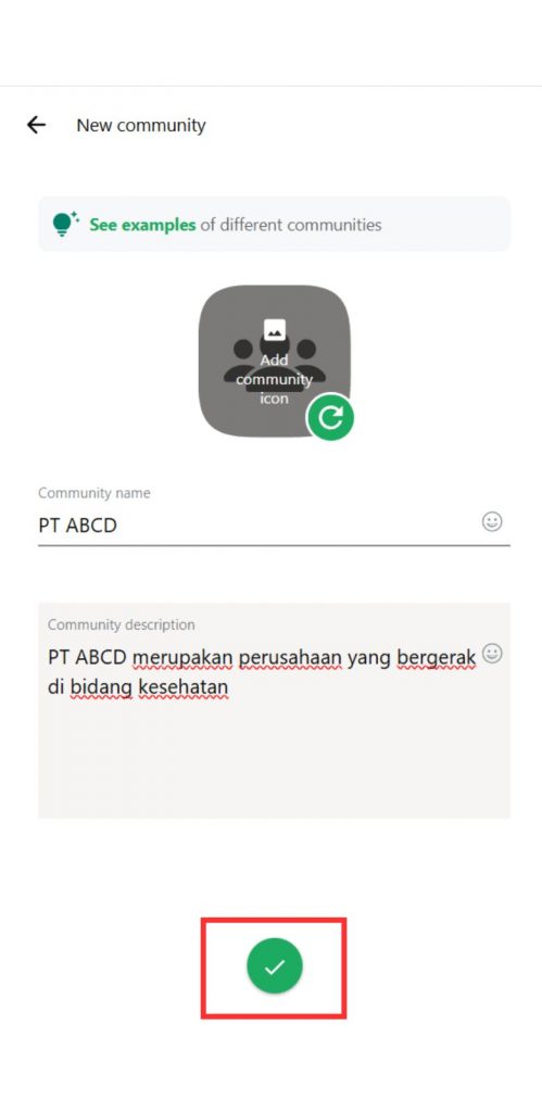 Masukkan nama dan deskripsi dari komunitas yang Anda buat
