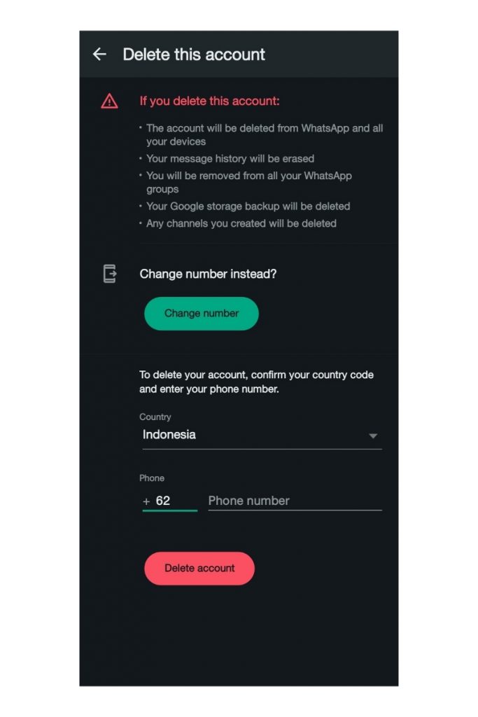 Masukkan nomor telepon dan alasan penghapusan