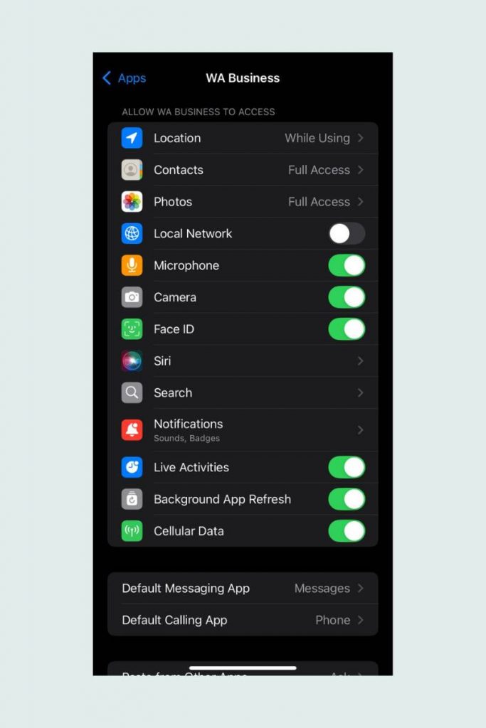 Pastikan akses ke Notifikasi, Kontak, dan Data Seluler diaktifkan