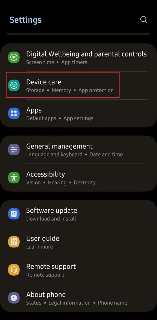 Pilih Device Care dari menu Setting
