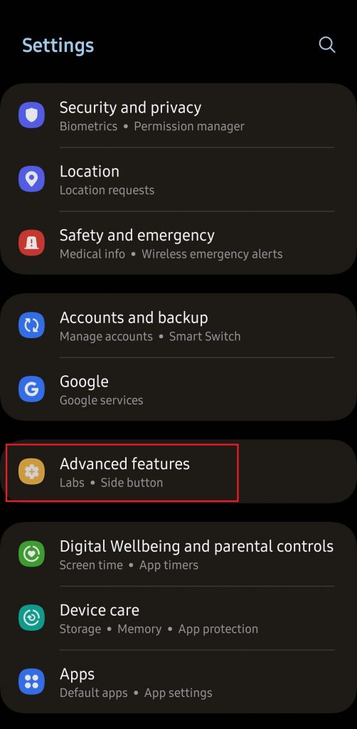 [Samsung] Buka Settings, pilih Advanced Features