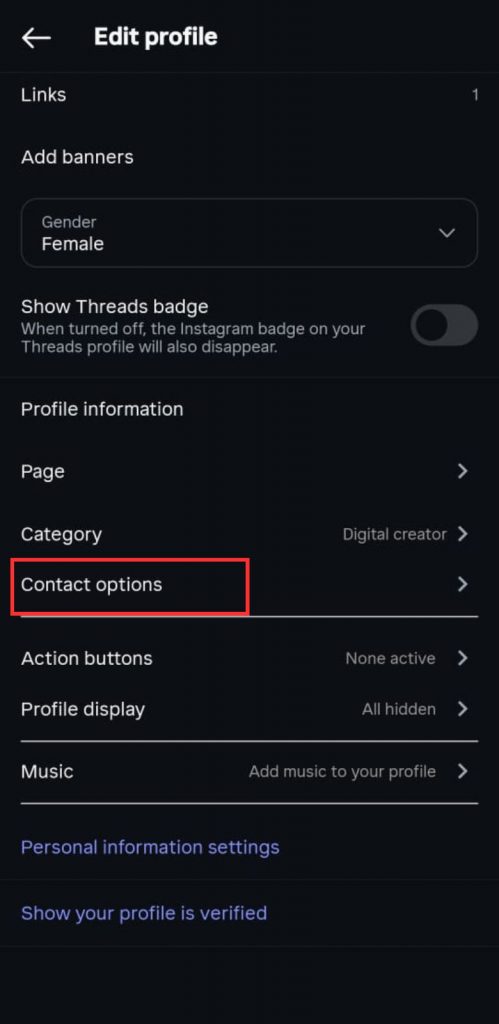 11 - Ketuk bagian Contact Options atau Opsi Kontak