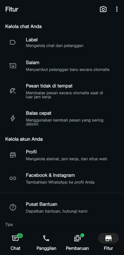 16 - Buka “Fitur” gulir hingga menemukan “Kelola Chat Anda”
