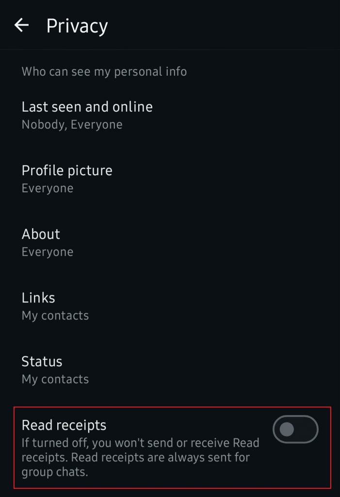 5. Non aktifkan toggle pada read receipts