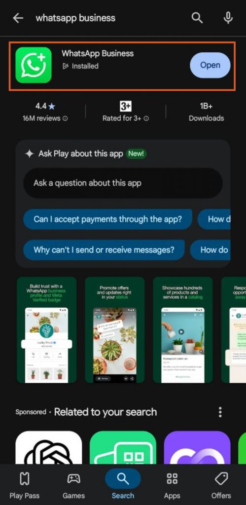 6 - Cari WhatsApp Business lalu unduh dan instal