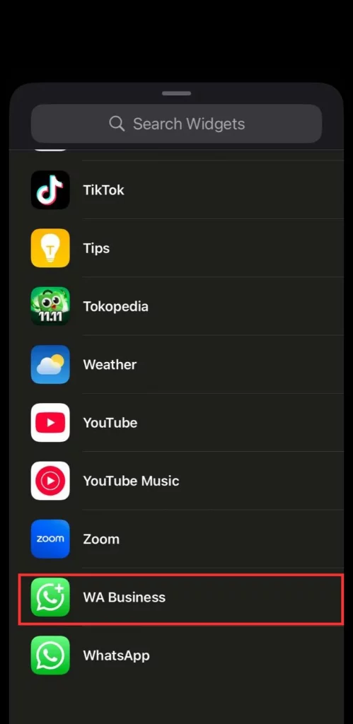 11 - Screenshot langkah di iOS - Cari dan pilih WhatsApp dari daftar widget yang tersedia