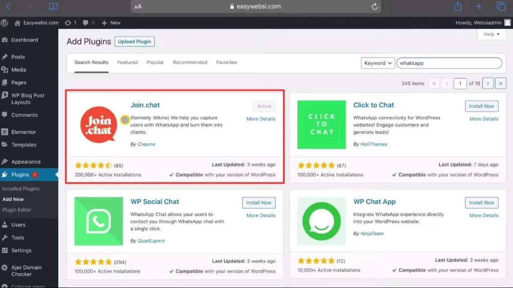 16 - Screenshot langkah di website - Cari plugin WhatsApp chat widget