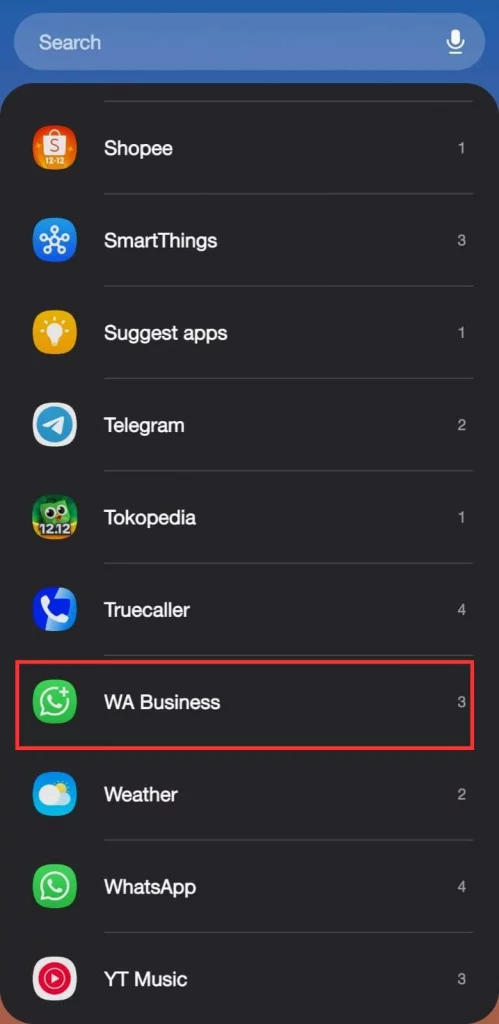 5 - Screenshot langkah di Android - Cari widget WhatsApp atau WhatsApp Business dari daftar yang tersedia