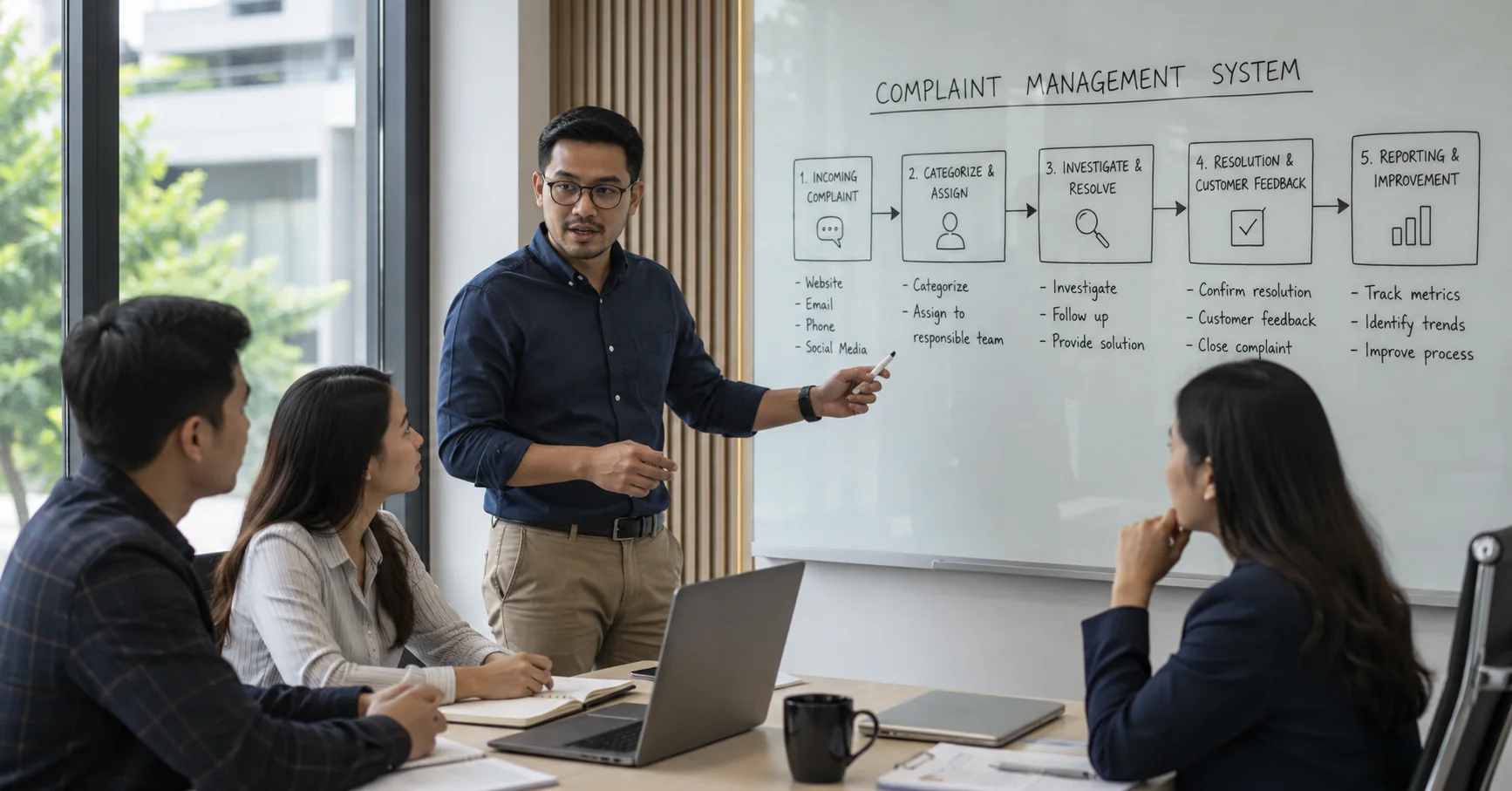 Ilustrasi alur complaint management system dari keluhan masuk sampai laporan