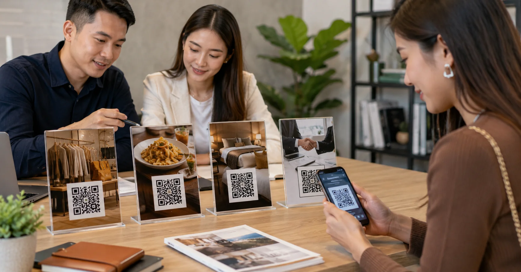Kolase penggunaan WhatsApp QR code di retail, restoran, hotel, dan layanan profesional