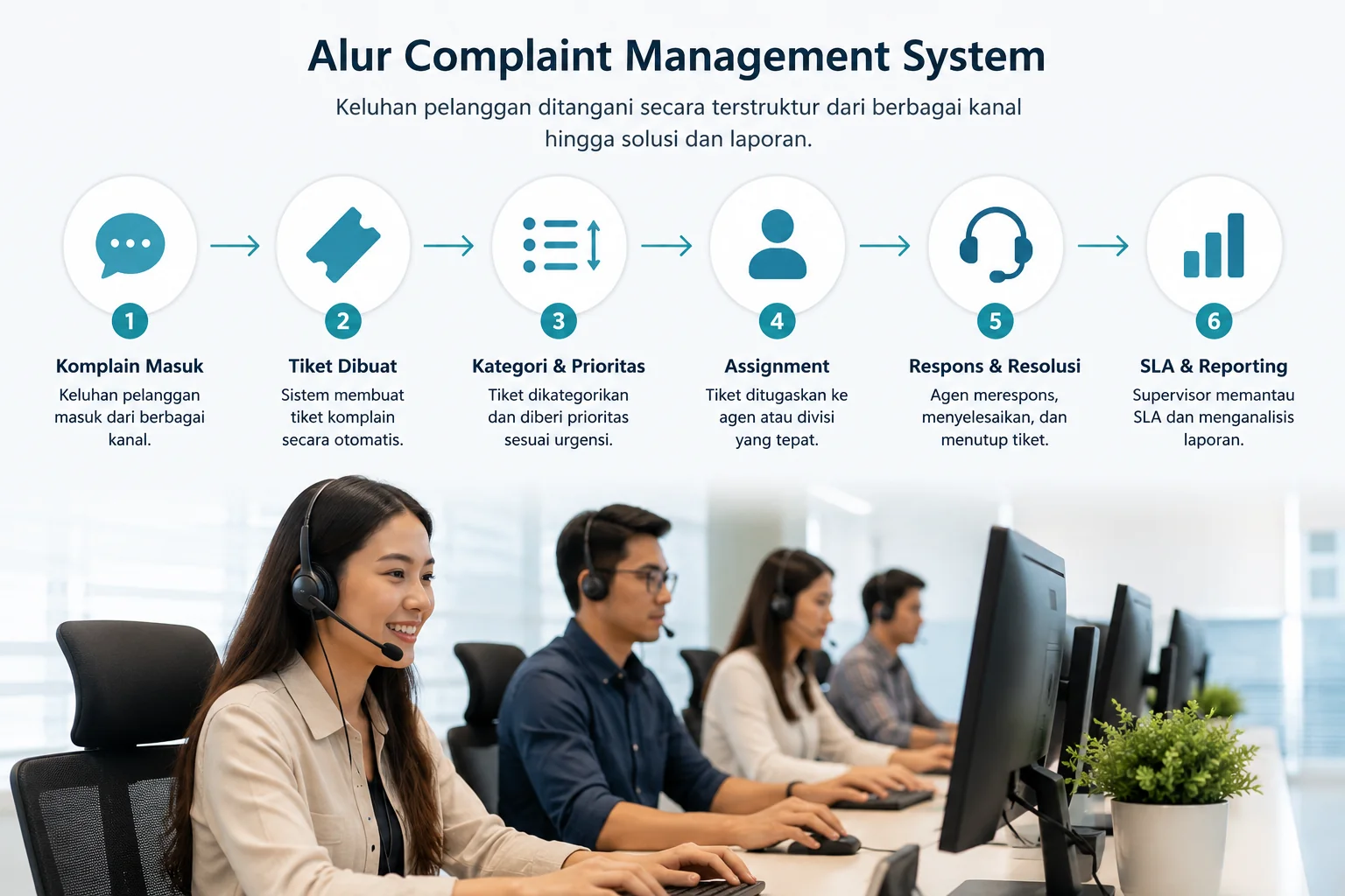 Infografik alur complaint management system dengan tim customer service