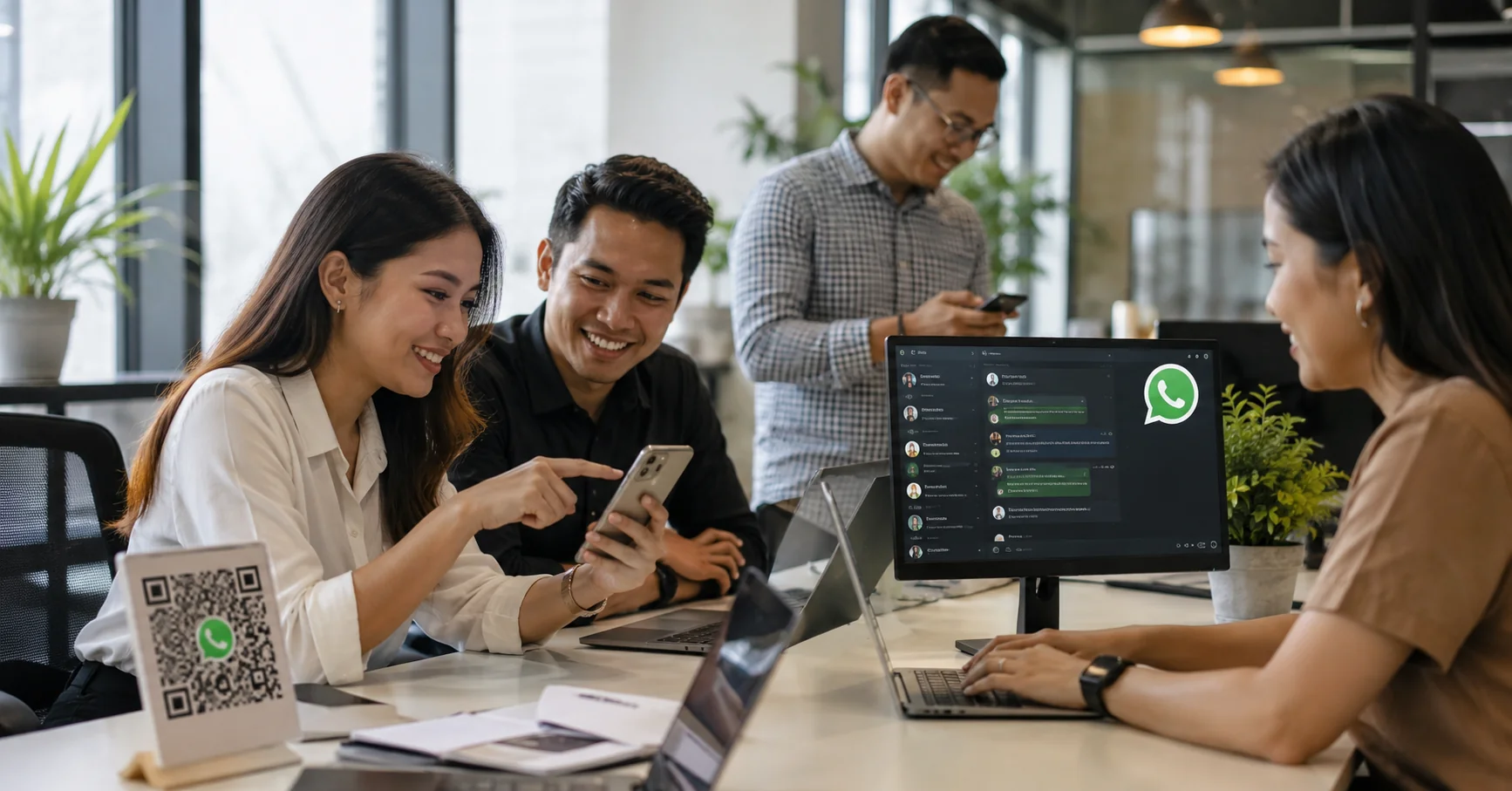 Tim bisnis mengelola banyak chat pelanggan dari WhatsApp QR code