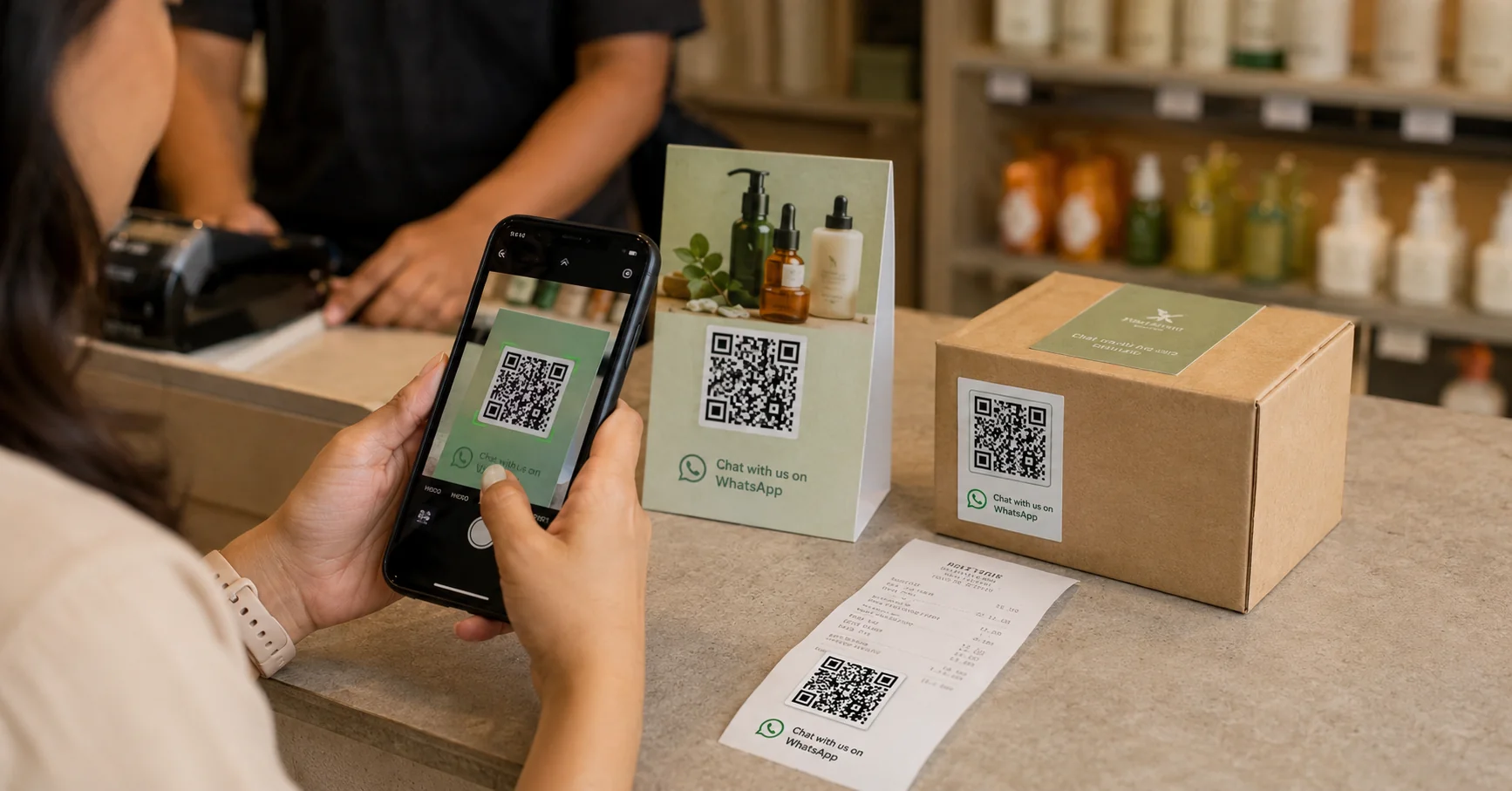 QR code WhatsApp pada flyer, kemasan produk, dan struk belanja