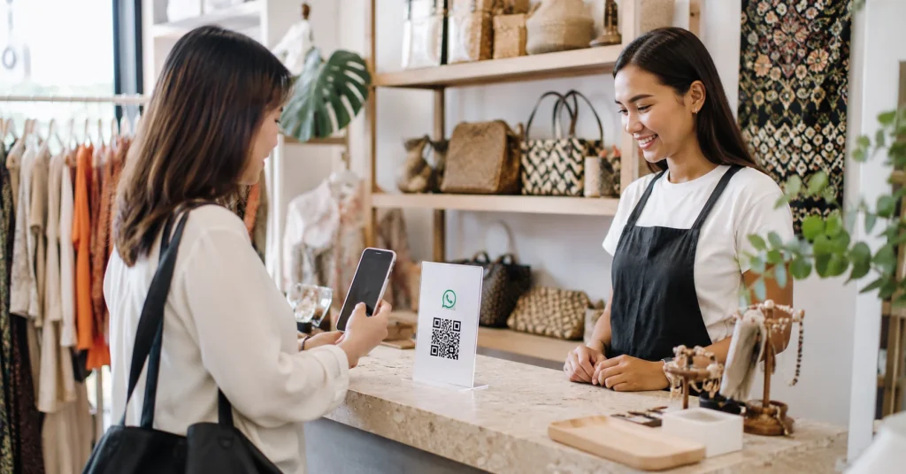 Pemilik bisnis melihat pelanggan memindai WhatsApp QR code di toko