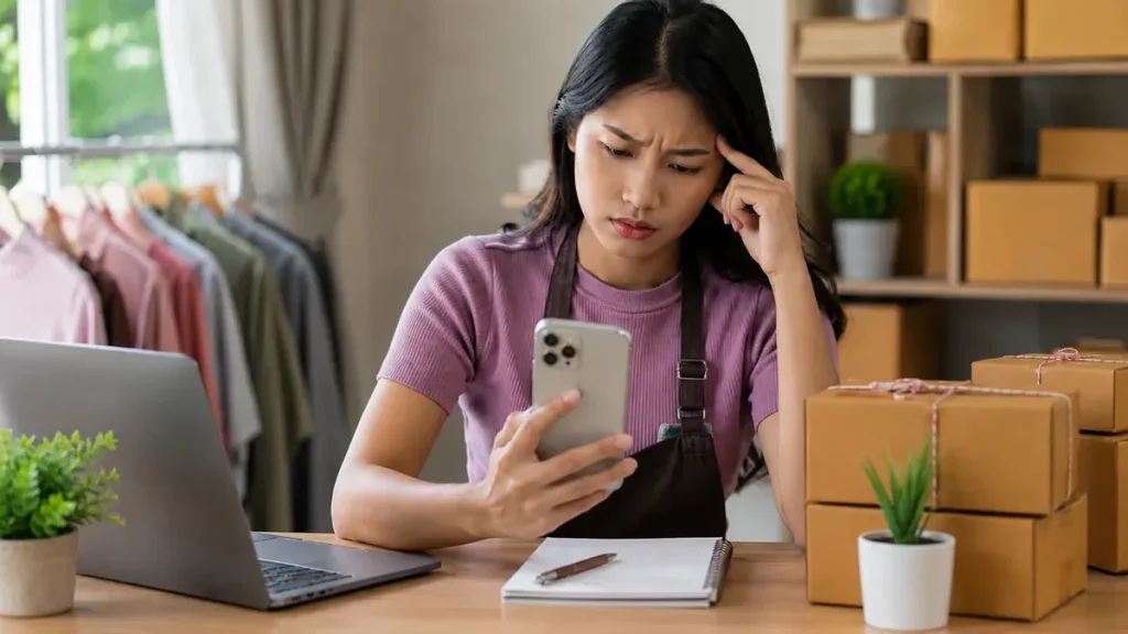 Pemilik online shop bingung melihat status WhatsApp di smartphone