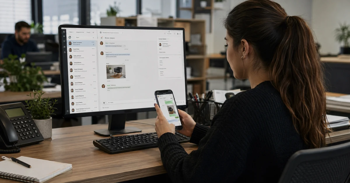 Tim layanan pelanggan bisnis menggunakan WhatsApp di desktop dan ponsel