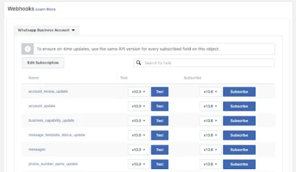 Memilih subscription webhooks di WhatsApp