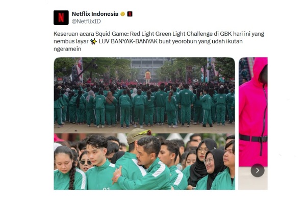 Postingan akun X resmi Netflix ID tentang Squid Game Red Light Green Light Challenge di GBK