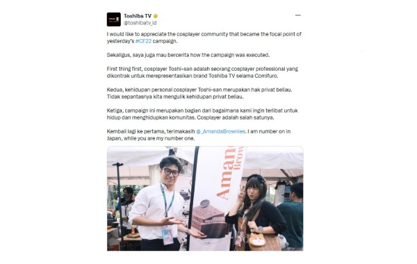 Postingan akun X resmi Toshiba TV tentang event cosplay Comifuro 22