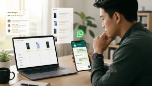 Calon pelanggan membandingkan pilihan produk sambil membuka chat WhatsApp dengan bisnis