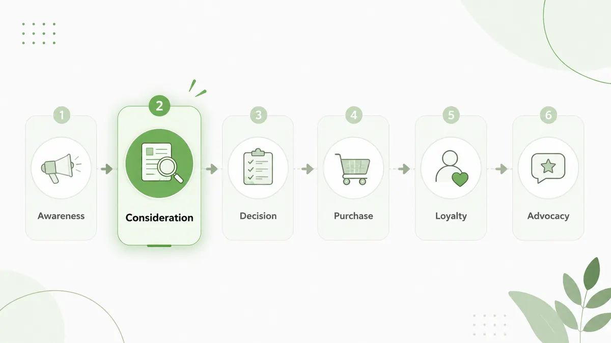 Diagram customer journey dari awareness, consideration, decision, purchase, loyalty, hingga advocacy