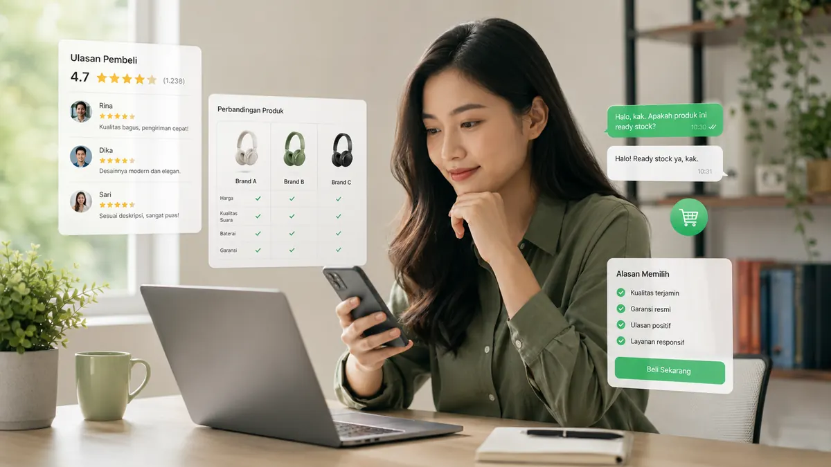 Calon pelanggan membandingkan beberapa brand, membaca review, dan mengirim chat WhatsApp