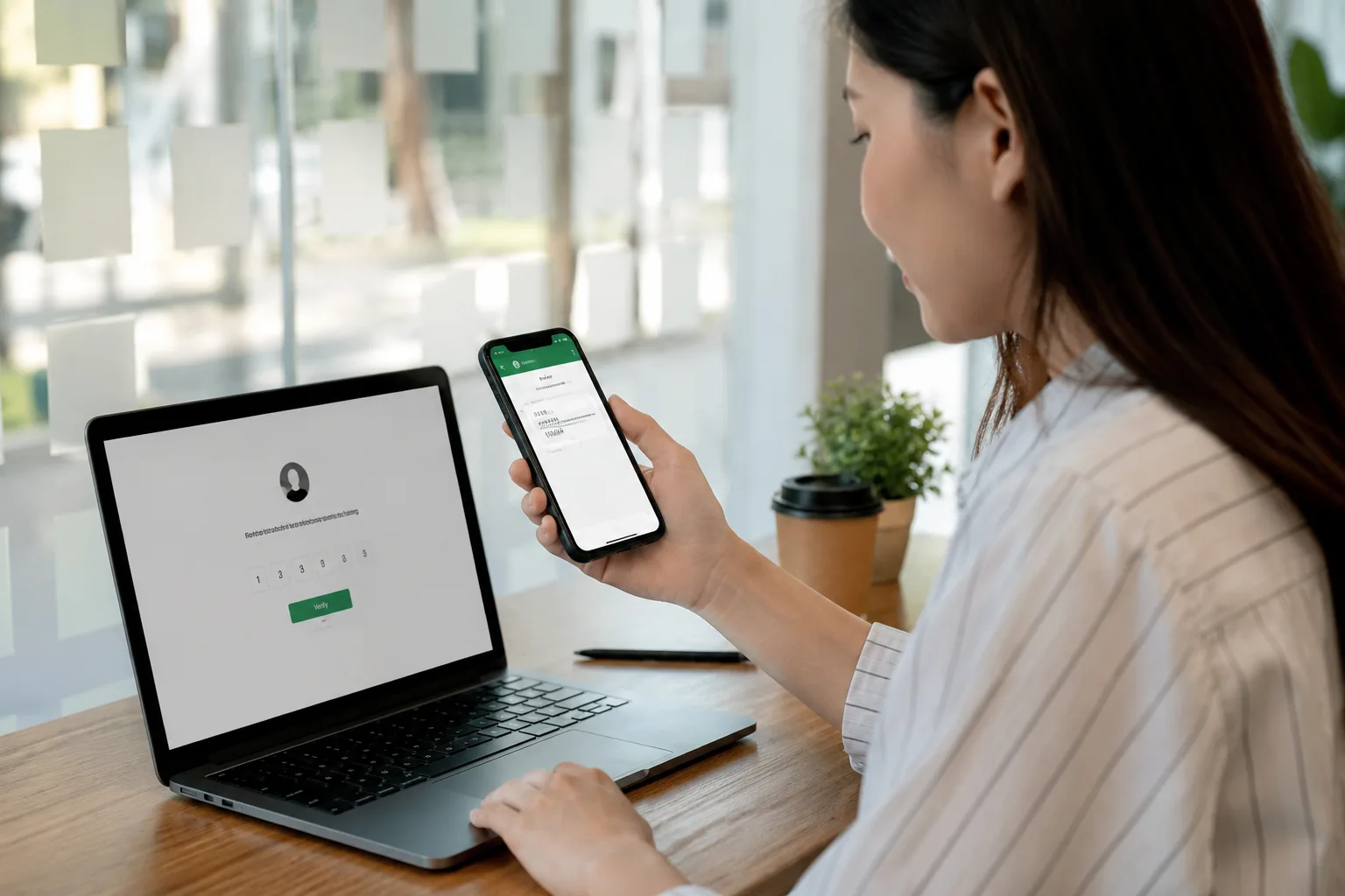 pengguna melihat kode verifikasi di ponsel dan halaman login pada laptop