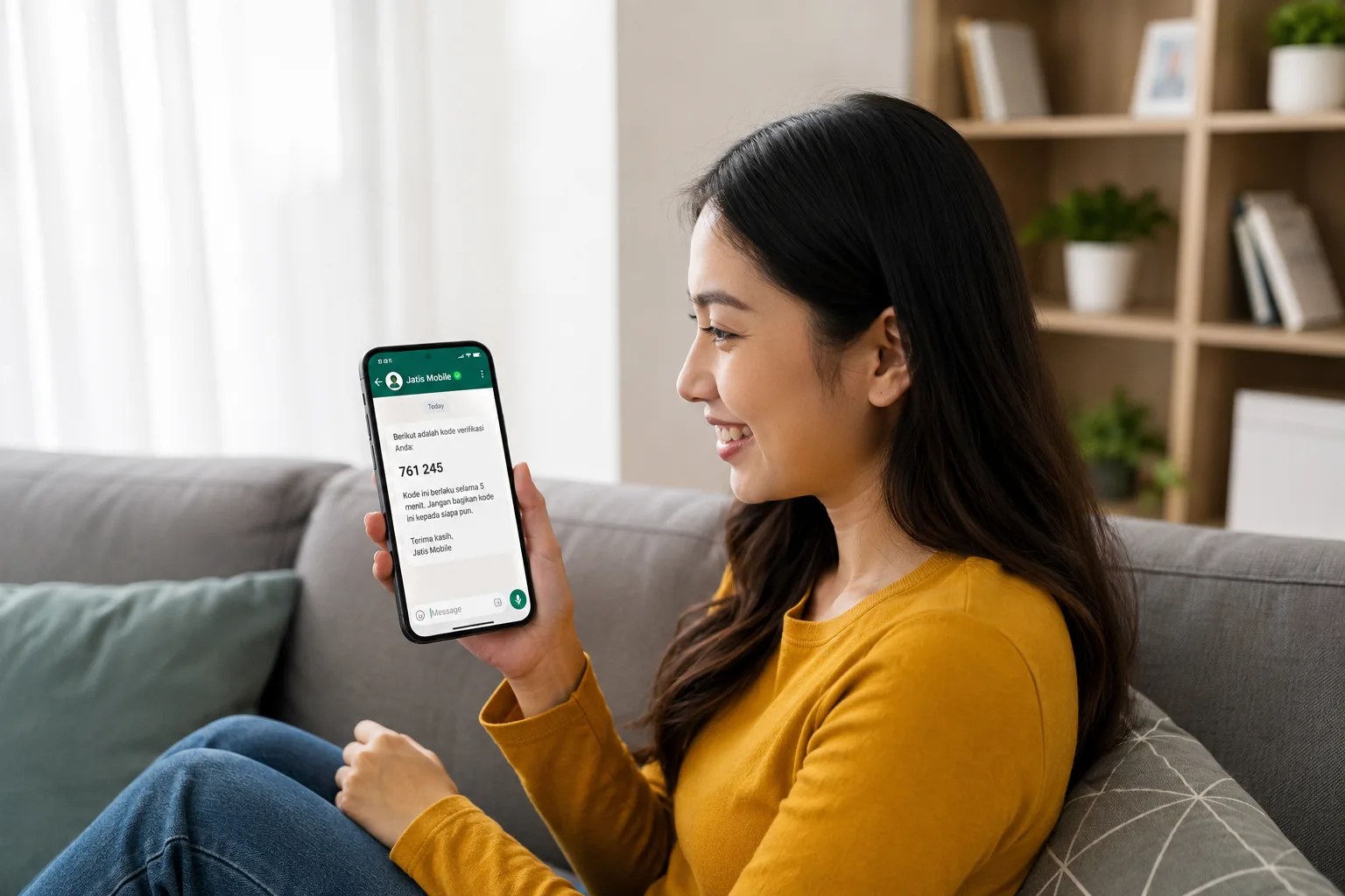 perempuan menerima kode OTP WhatsApp di ponsel saat duduk di sofa