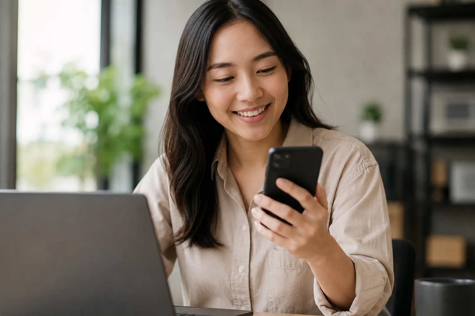 perempuan tersenyum memeriksa ponsel saat bekerja menggunakan laptop