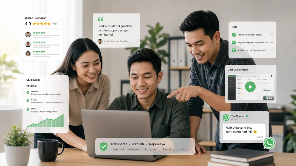 Tim bisnis membangun kepercayaan pelanggan melalui review, studi kasus, FAQ, demo, dan WhatsApp