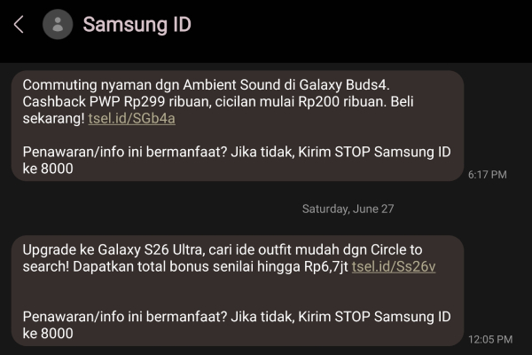 Contoh SMS masking yang menampilkan nama brand