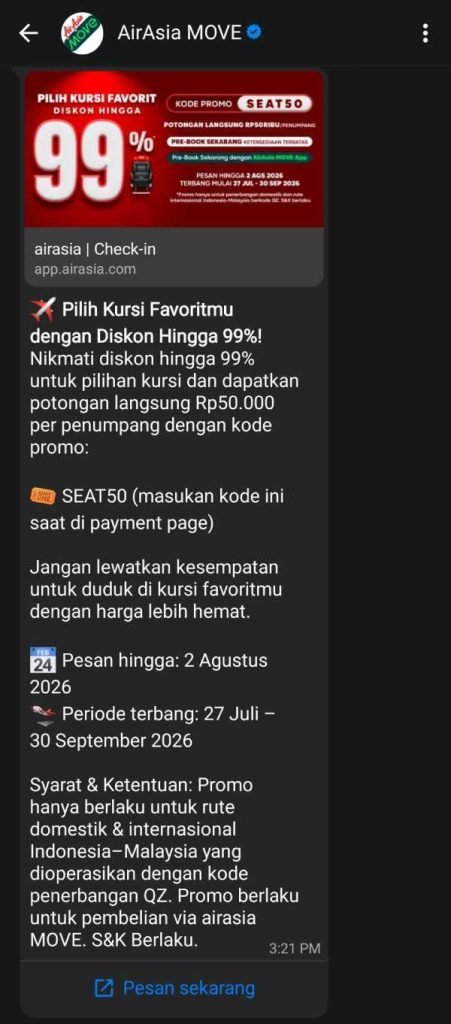 Contoh iklan produk di chat WA dari AirAsia MOVE