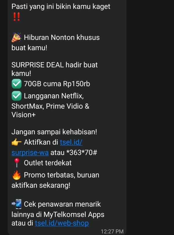 Iklan produk di chat WhatsApp dari MyTelkomsel