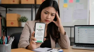 Admin bisnis melihat notifikasi akun WhatsApp dibatasi di ponsel.