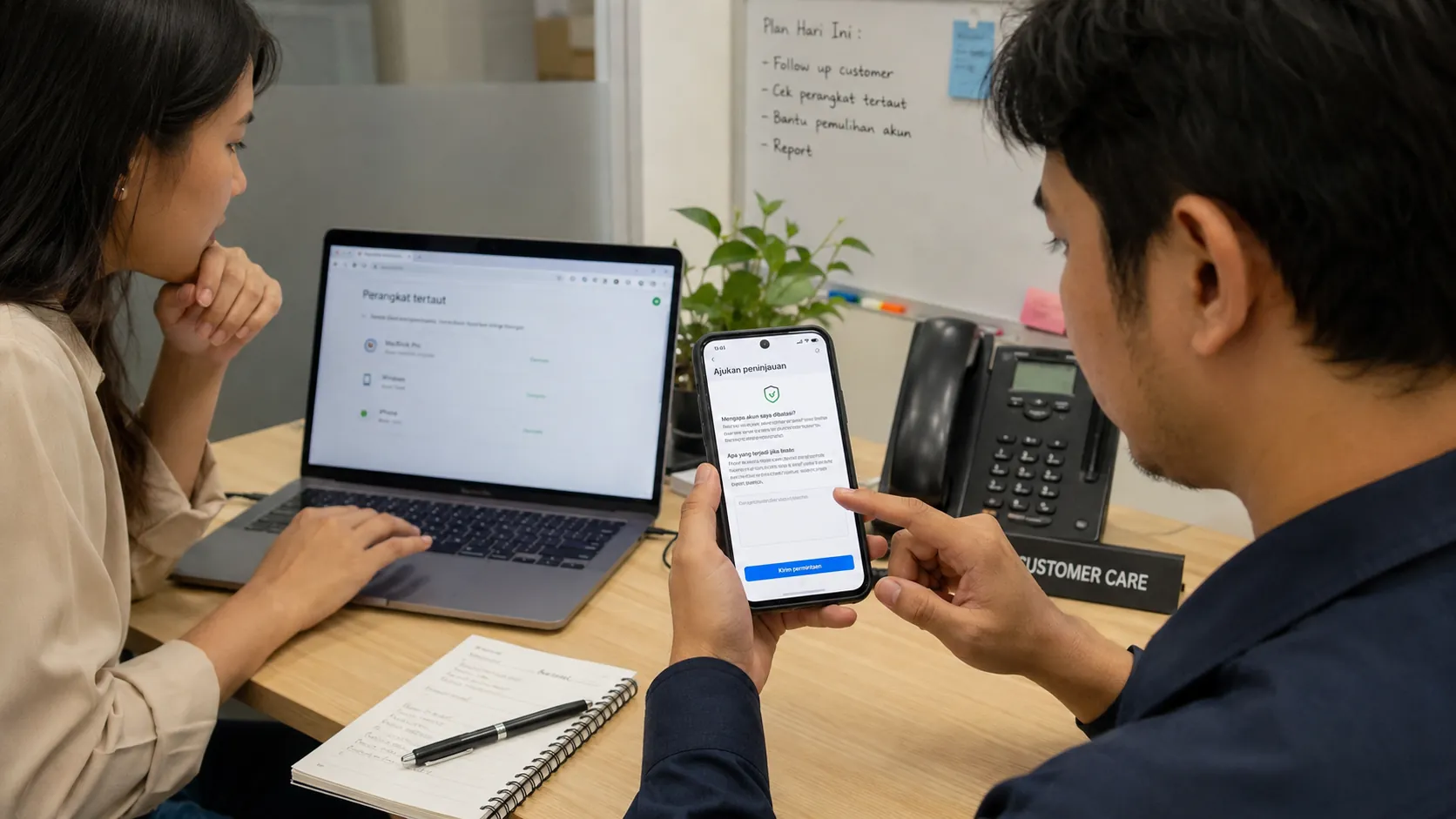 Admin bisnis mengajukan Minta Tinjauan untuk akun WhatsApp yang dibatasi.