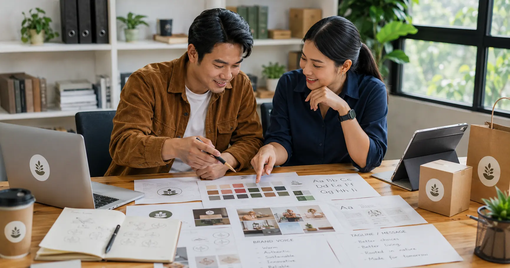 brand designer dan pemilik bisnis meninjau enam elemen inti brand identity