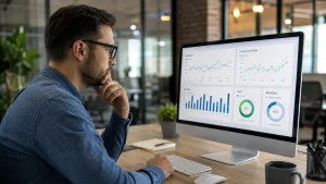 digital marketer memantau contoh KPI digital marketing melalui dashboard performa campaign