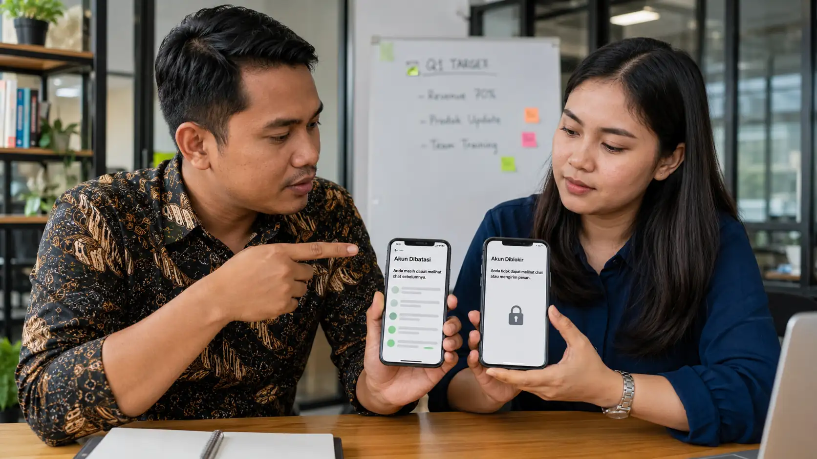 Dua staf bisnis membandingkan akun WhatsApp dibatasi dan diblokir.