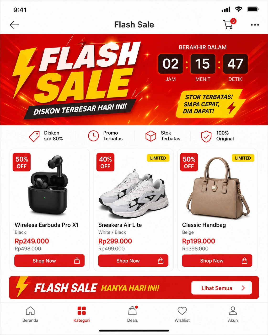 tampilan aplikasi belanja dengan banner flash sale dan countdown
