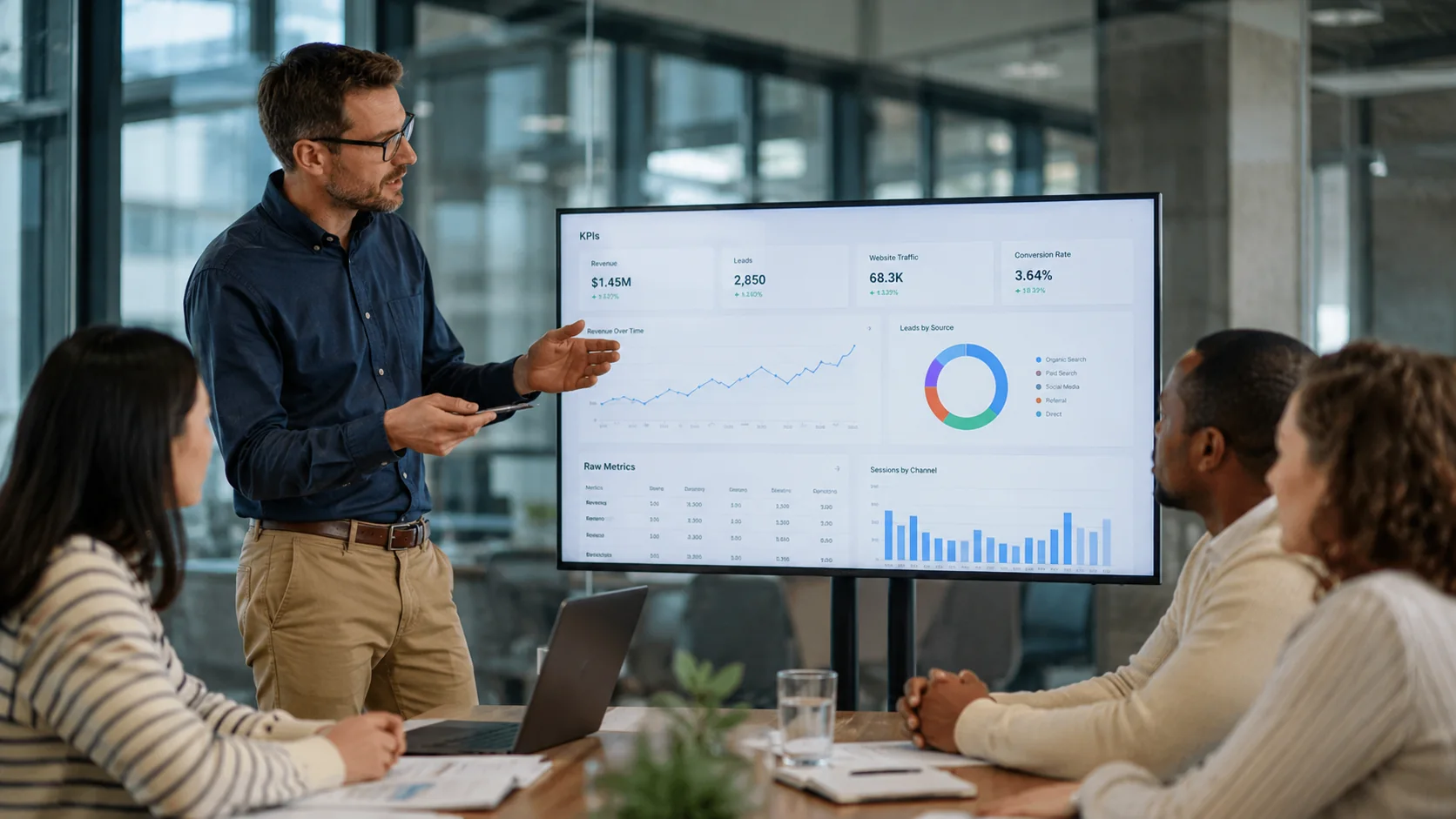 marketing manager menjelaskan perbedaan KPI dan metrik digital marketing kepada tim