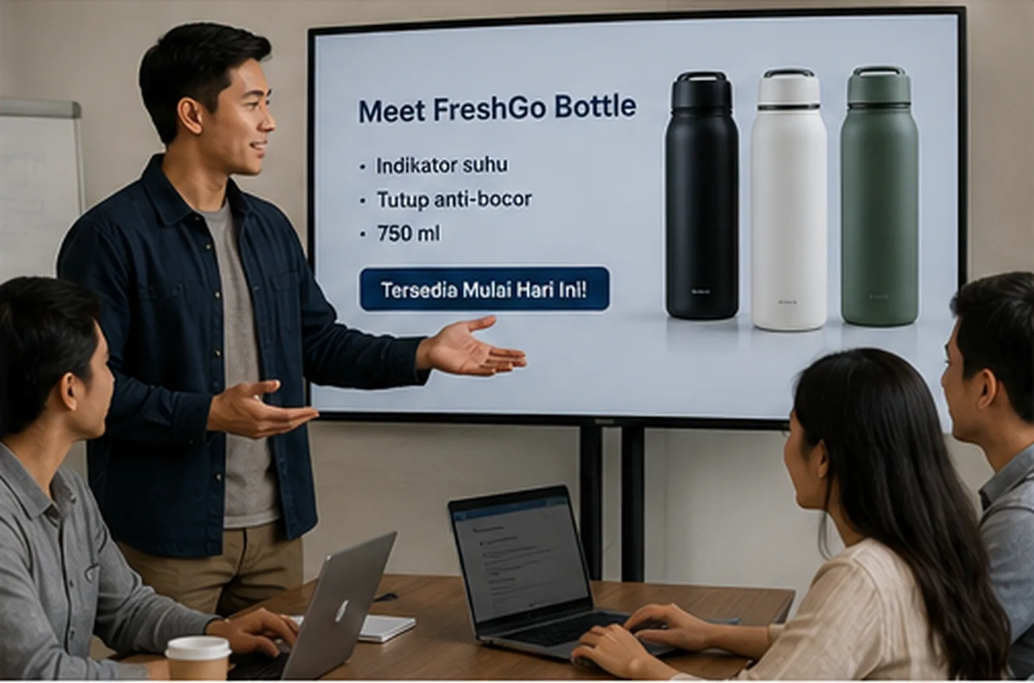 product marketer menyiapkan iklan launching produk baru bersama tim