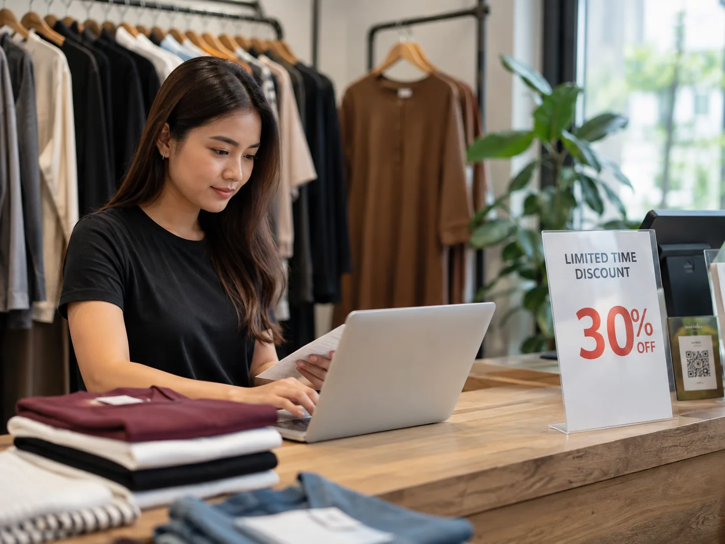 staf butik menyiapkan contoh iklan diskon terbatas untuk pelanggan