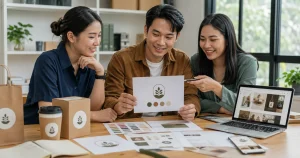 tim bisnis menyusun brand identity yang konsisten di website, media sosial, dan kemasan