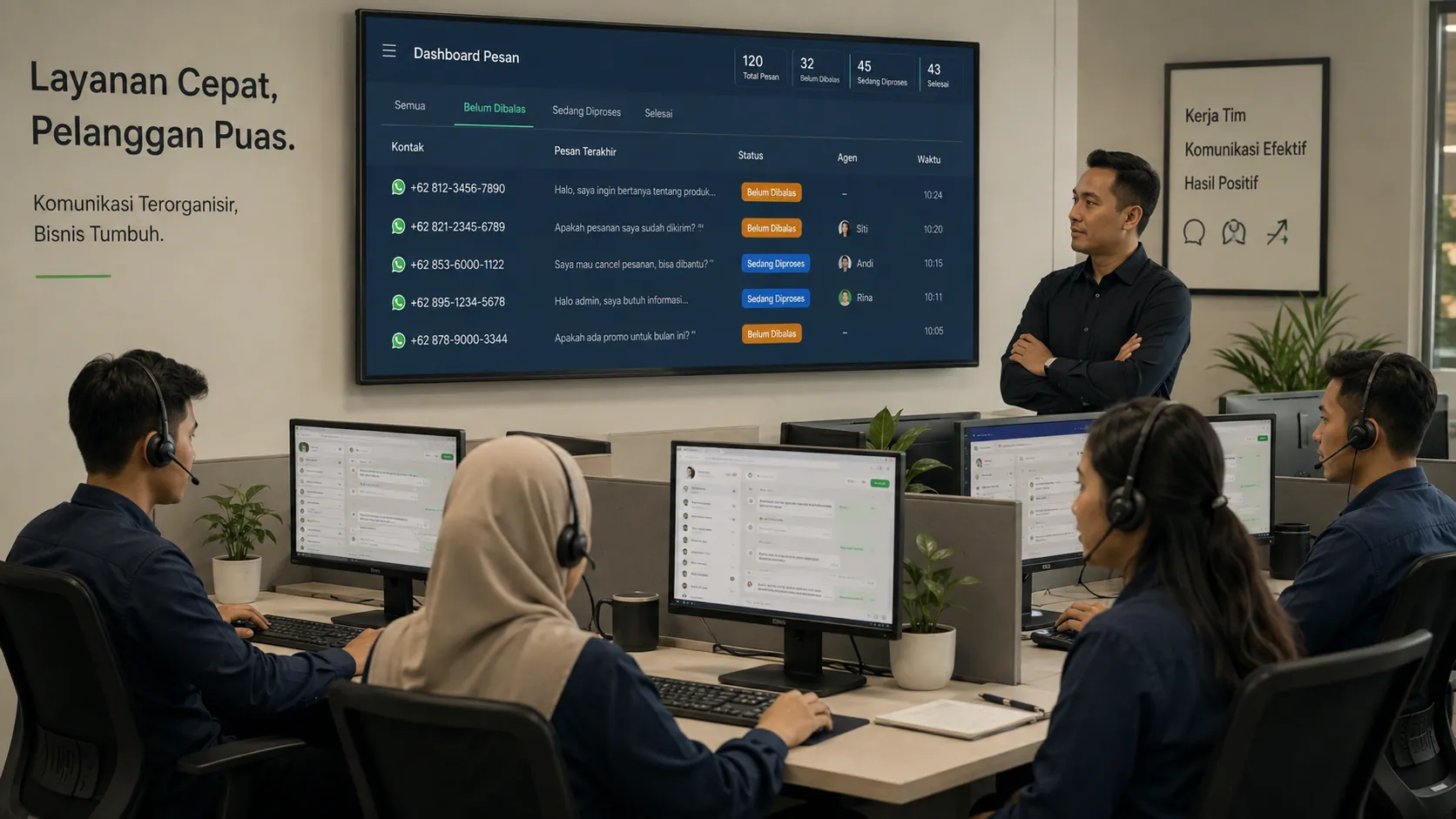 Tim customer service mengelola percakapan melalui WhatsApp Business API resmi.