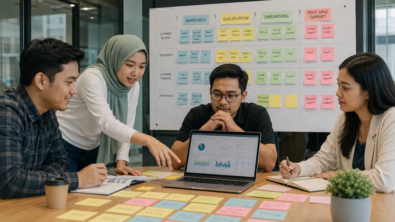 tim marketing sales dan customer service memetakan customer journey dan data pelanggan bersama